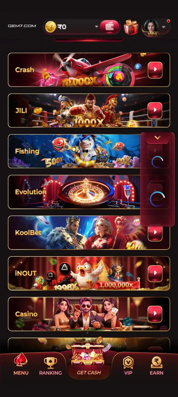 365in Game Android gaming and account screen