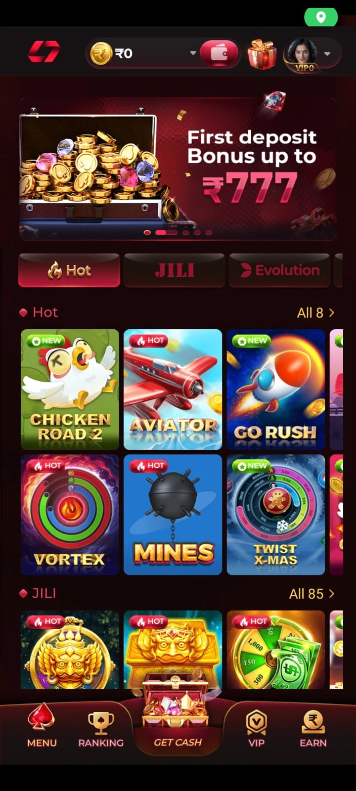 IN7 Game online gaming screen for Android